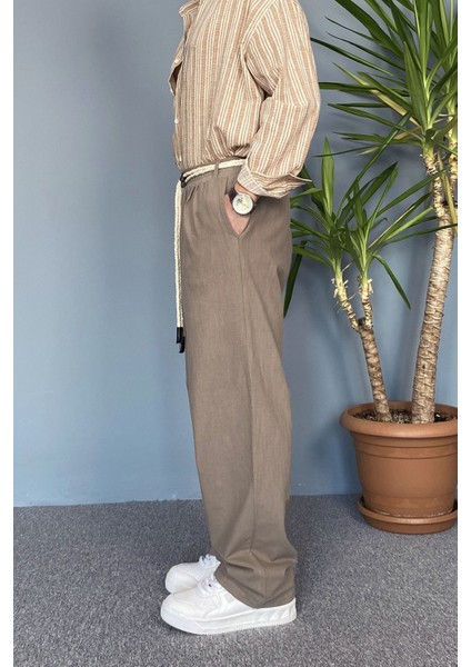 Rahat Kesim Keten Kumaş Bağcıklı Krem Renk Baggy Pantolon indirimleri