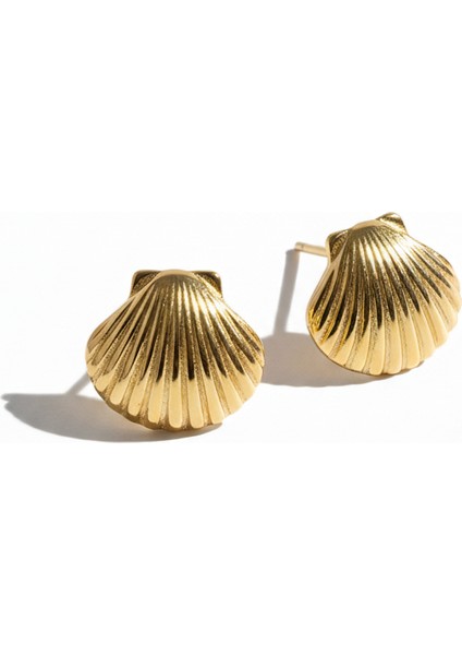 Çelik Midye Kabuğu Çivili Küpe | Altın Rengi Şık Kararmaz Takı