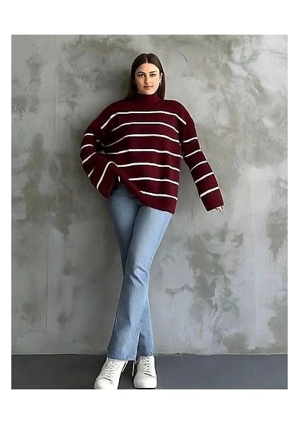 Çizgili Ispanyol Kol Triko Boğazlı Kahve Beyaz Elf modelleri