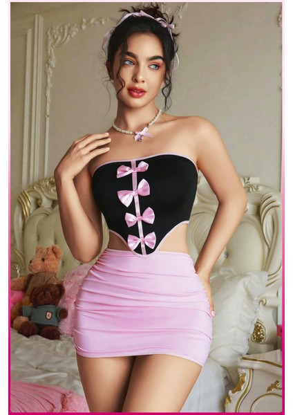 Fiyonk Detaylı Straplez Mini Elbise Takımı