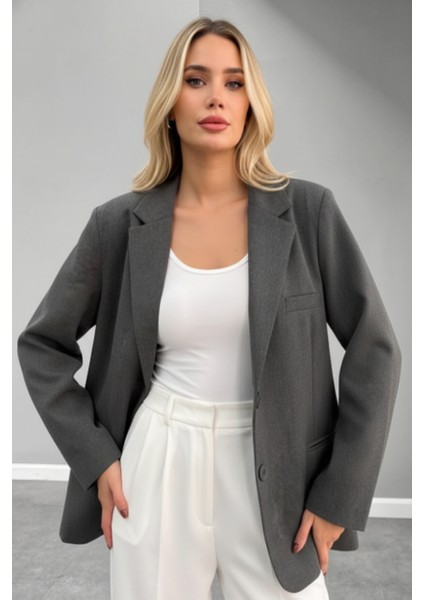 Kadın Oversize Astarlı Blazer Ceket |gri |kapalı Cepli – Şık ve Modern Tasarım