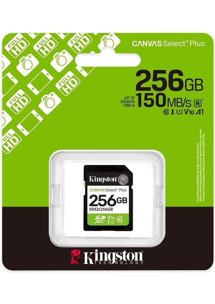 Kingston SDS3-256GB 256GB Sdxc Canvas Select Plus Gen3 150MB-S C10 Uhs-I U1 V10 Hafıza Kartı