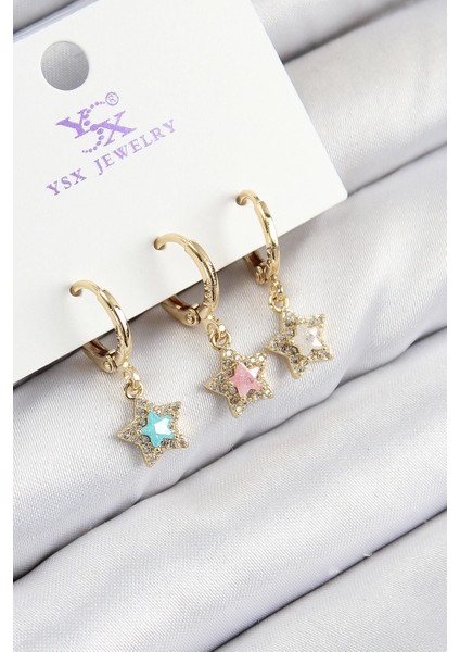 Bfs Pirinç Zirkon Taşlı 3'lü Renkli Yıldız Model Gold Renk Kadın Küpe