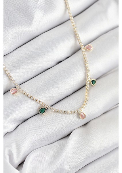 Bfs Pirinç Zirkon Taşlı Su Yolu Damla Model Gold Renk Kadın Kolye