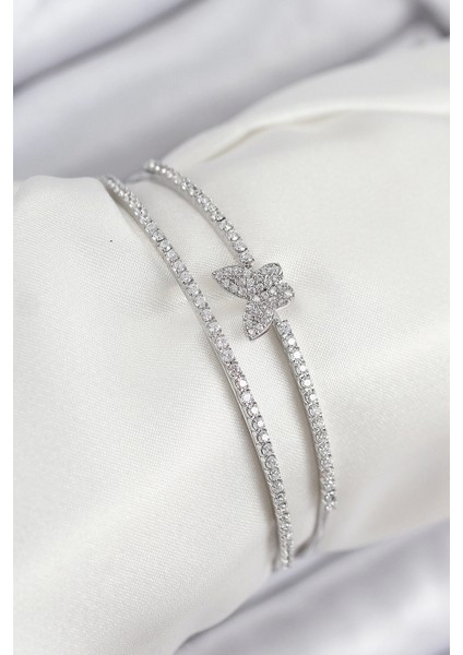 Bfs Pirinç Zirkon Taşlı Kelebek Model Gümüş Renk Kadın Bileklik