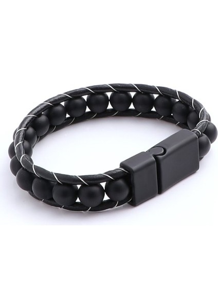 Mat Oniks Taşı Örmeli Deri Bileklik 31682B2D8M7