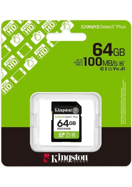 Kingston SDS3-64GB 64GB Sdxc Canvas Select Plus Gen3 100MB-S C10 Uhs-I U1 V10 Hafıza Kartı