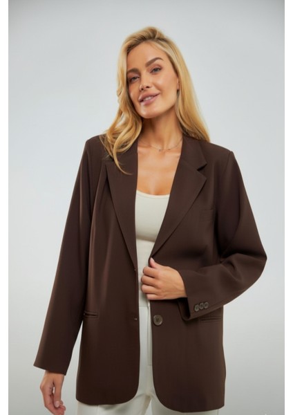 Kadın Oversize Astarlı Blazer Ceket | Kahverengi|kapalı Cepli – Şık ve Modern Tasarım