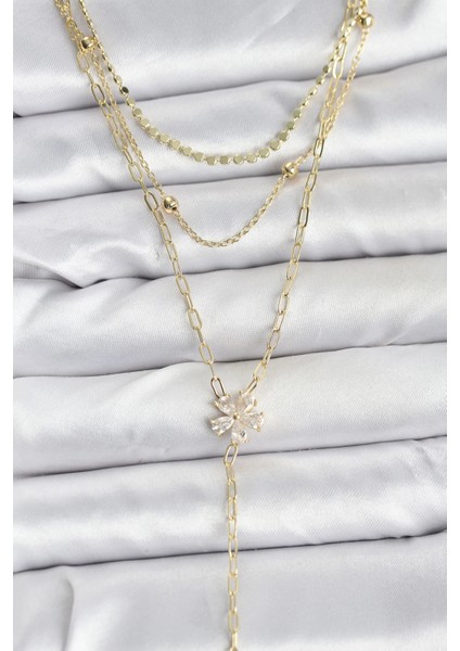 Bfs Pirinç Gold Renk Zirkon Taşlı Çiçek Model Detaylı 3'lü Kombin Y Kadın Kolye