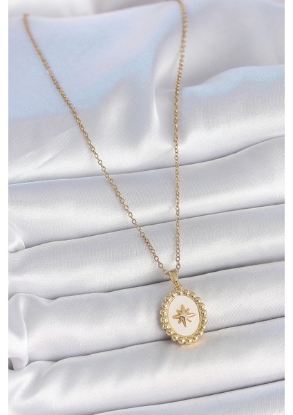 Bfs 316L Çelik Gold Renk Zincir Beyaz Mineli Kutup Yıldız Işlemeli Madalyon Model Kadın Kolye fiyatları