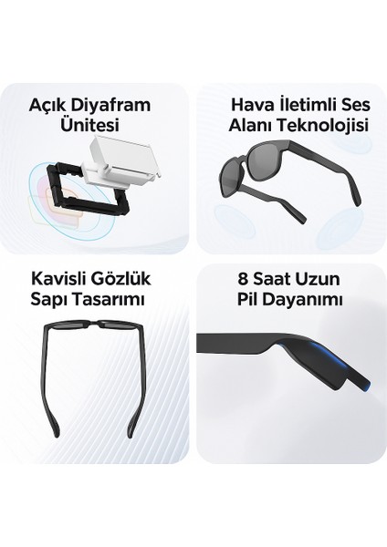 Akıllı Bluetooth Gözlük Ultra Hafif Suya Daynıklı Hd Müzik ve Görüşme Destekli
