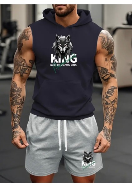 Punıx Büyük Beden Özel Seri Kapüşonlu Vahşi Kurt Baskılı %100 Pamuk Kışlık Erkek Eşofman Takımı