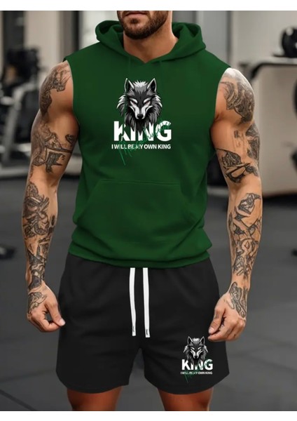 Punıx Büyük Beden Özel Seri Kapüşonlu Vahşi Kurt Baskılı %100 Pamuk Kışlık Erkek Eşofman Takımı