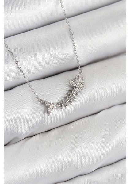 Bfs Pirinç Zirkon Taşlı Balık Kılçığı Model Gümüş Renk Kadın Kolye