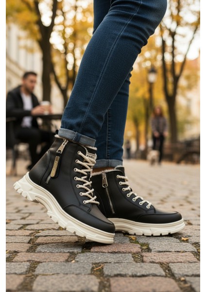 Conpax 8091 Siyah & Bej Kadın Fermuarlı & Bağcıklı Bot