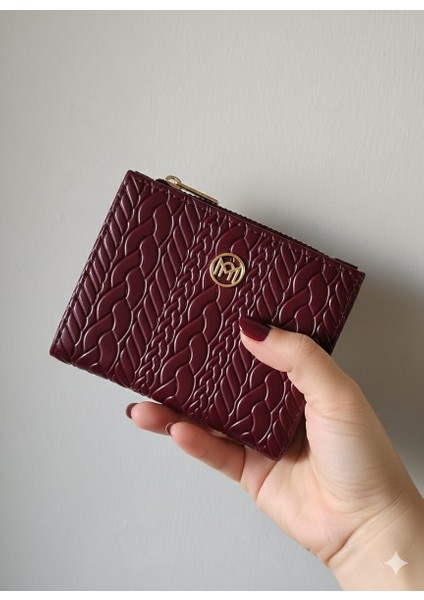 Kabartmalı Örgü Detaylı Orta Boy Fermuarlı Suni Deri Cüzdan Siyah