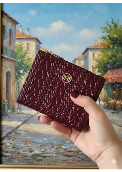 Kabartmalı Örgü Detaylı Orta Boy Fermuarlı Suni Deri Cüzdan Siyah