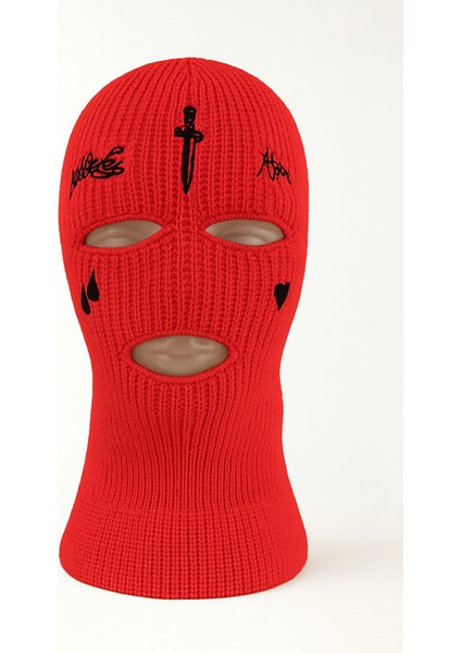 Göz Yaşı ve Kılıç Nakışlı Akrilik Unisex Kırmızı Kışlık Motorcu Maskesi Örgü Kar Maskesi