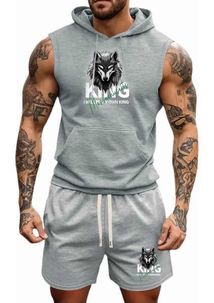 Punıx Büyük Beden Özel Seri Kapüşonlu Vahşi Kurt Baskılı %100 Pamuk Kışlık Erkek Eşofman Takımı