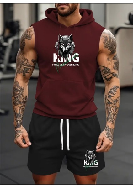 Punıx Büyük Beden Özel Seri Kapüşonlu Vahşi Kurt Baskılı %100 Pamuk Kışlık Erkek Eşofman Takımı