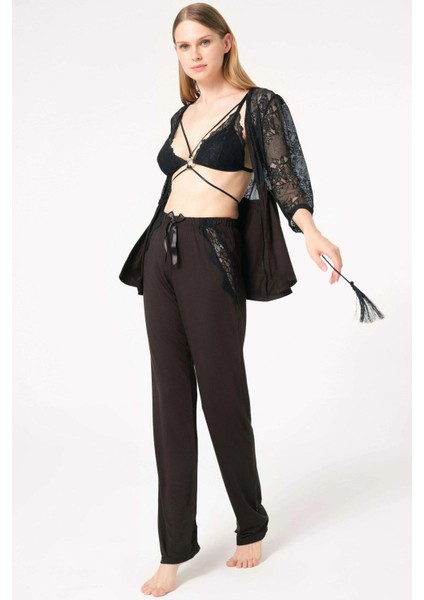 Mdb Mdbshop Dantelli Sabahlık Balensiz Desteksiz Dolgusuz Yaka Detaylı Sütyen ve Pantolon Pijama 3lü Takım