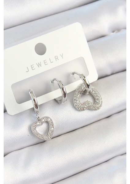 Bfs Pirinç Zirkon Taşlı Kalp Model Gümüş Renk 3'lü Çift Kadın Küpe Set