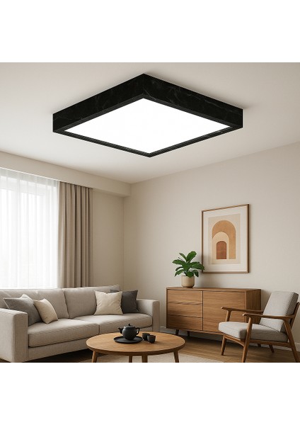 Siyah Mermer Desenli Enerji Tasarruflu LED Panel Avize 60*60 cm 6500K Beyazı Şık