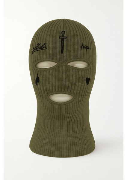 Göz Yaşı ve Kılıç Nakışlı Akrilik Unisex Haki Kışlık Motorcu Maskesi Örgü Kar Maskesi