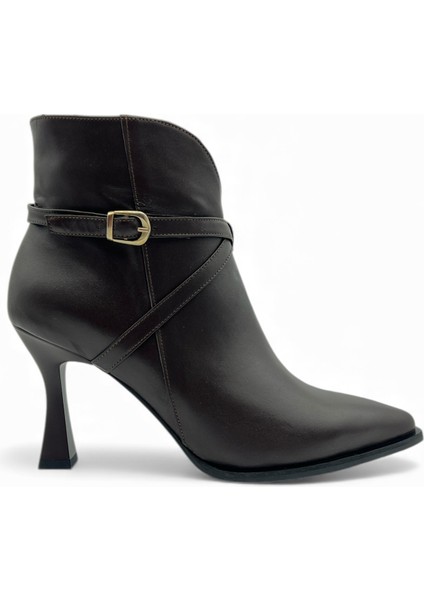 Flare Sivri Burun Ince Ökçe Kahverengi Hakiki Deri Kadın Bot