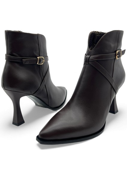 Flare Sivri Burun Ince Ökçe Kahverengi Hakiki Deri Kadın Bot modelleri