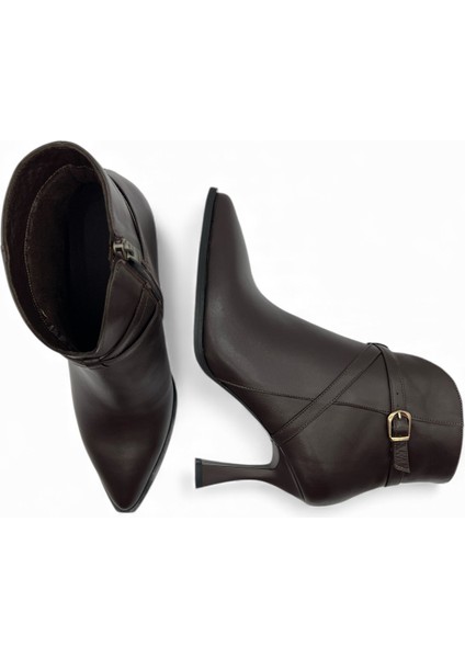 Flare Sivri Burun Ince Ökçe Kahverengi Hakiki Deri Kadın Bot