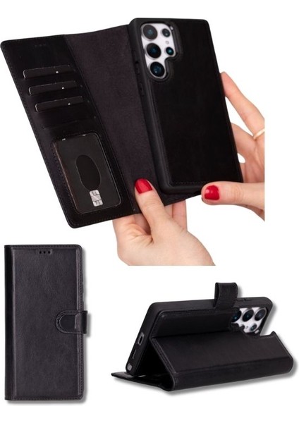 Samsung Galaxy S25 Ultra Uyumlu, Hakiki Deri, El Yapımı, Cüzdanlı Kılıf, Parlak Siyah