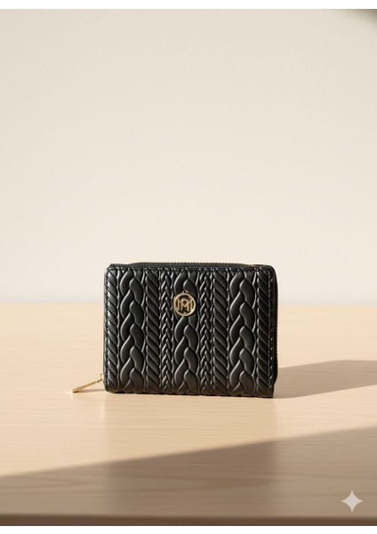 Kabartmalı Örgü Detaylı Orta Boy Fermuarlı Suni Deri Cüzdan Siyah