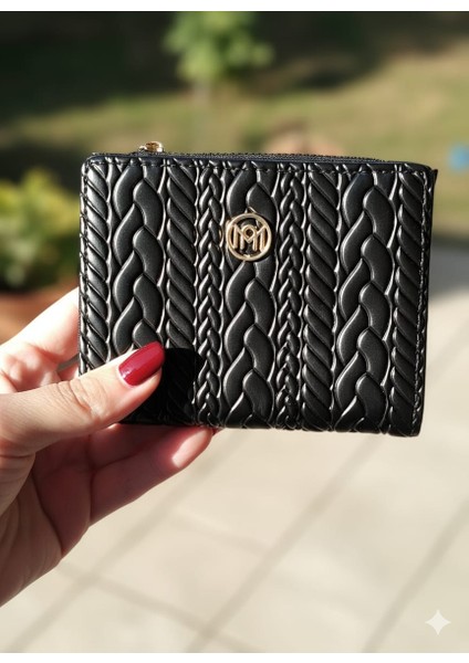 Kabartmalı Örgü Detaylı Orta Boy Fermuarlı Suni Deri Cüzdan Siyah fırsatları