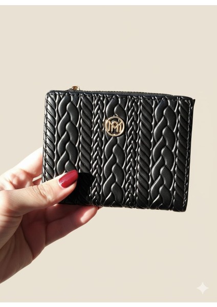 Kabartmalı Örgü Detaylı Orta Boy Fermuarlı Suni Deri Cüzdan Siyah indirimleri