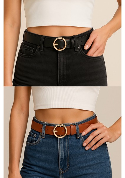 Kadın 2'li Gold Oval Tokalı Ince Pantolon, Gömlek, Ceket, Elbise, Kazak Kemeri