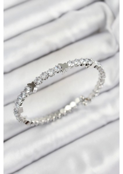 Bfs Pirinç Zirkon Taşlı Kalp Model Gümüş Renk Yaylı Kadın Bileklik