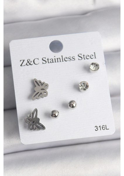 Bfs 316L Çelik Gümüş Renk Zirkon Taşlı Kelebek Model Kadın Küpe Seti