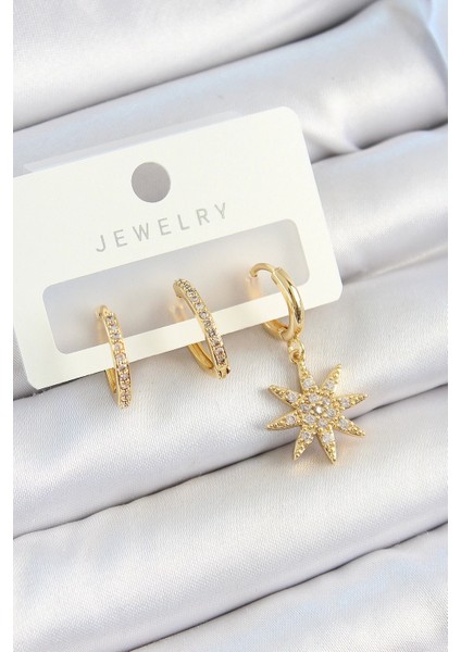 Bfs Pirinç Zirkon Taşlı Kutup Yıldızı Model Gold Renk 3'lü Çift Kadın Küpe Set