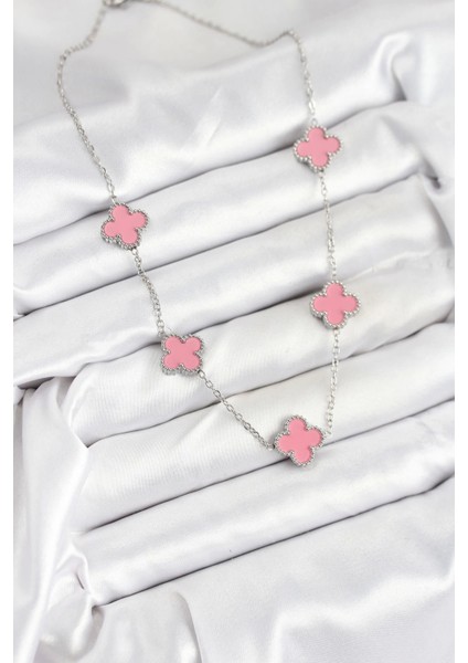 Bfs 316L Çelik Zincir Gümüş Pembe Renk Yonca Kadın Kolye fiyatları