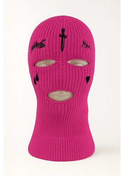 Göz Yaşı ve Kılıç Nakışlı Akrilik Unisex Fuşya Kışlık Motorcu Maskesi Örgü Kar Maskesi
