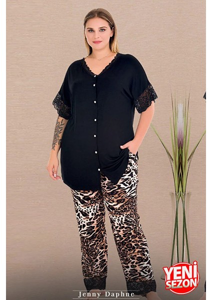 Lady Büyük Beden Leopar Desenli Pijama Düğmeli Üst Kollar ve Bacaklar Dantelli Pijama Takımı