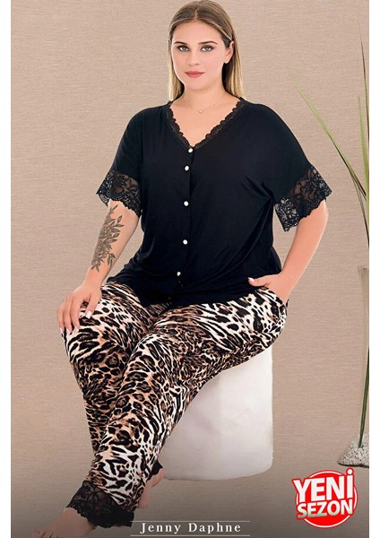 Lady Büyük Beden Leopar Desenli Pijama Düğmeli Üst Kollar ve Bacaklar Dantelli Pijama Takımı modelleri