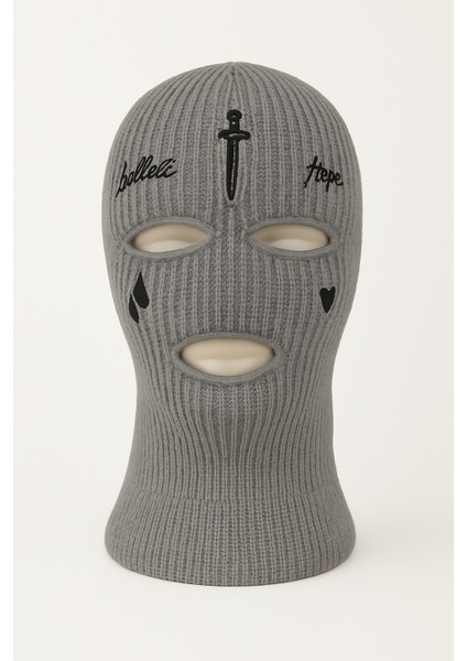 Göz Yaşı ve Kılıç Nakışlı Akrilik Unisex Gri Kışlık Motorcu Maskesi Örgü Kar Maskesi