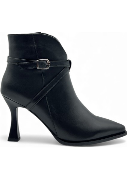 Flare Sivri Burun Ince Ökçe Siyah Hakiki Deri Kadın Bot