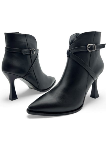 Flare Sivri Burun Ince Ökçe Siyah Hakiki Deri Kadın Bot modelleri