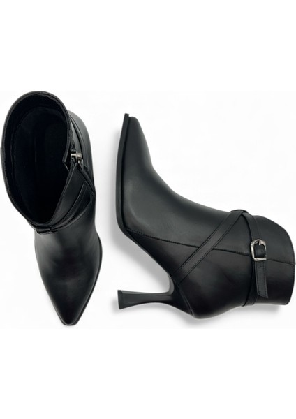 Flare Sivri Burun Ince Ökçe Siyah Hakiki Deri Kadın Bot