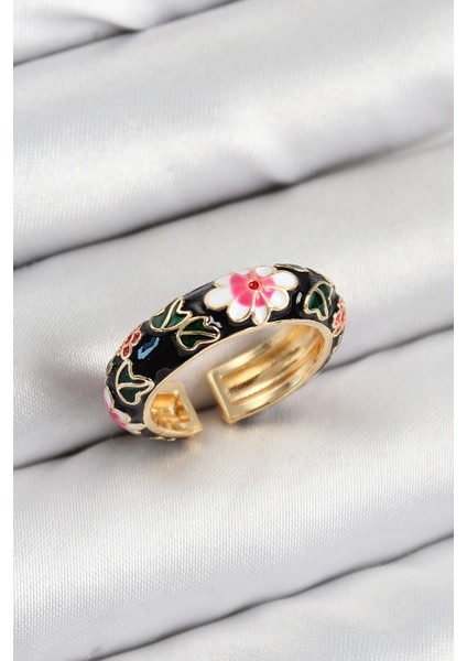 Bfs Pirinç Siyah Mineli Çiçek Motifli Gold Renk Ayarlanabilir Kadın Yüzük