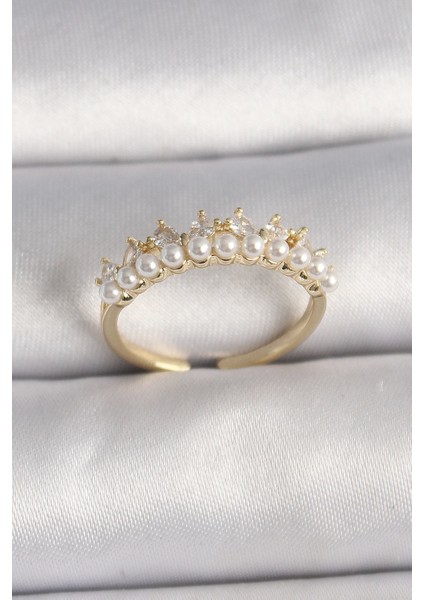 Bfs Pirinç Gold Renk Zirkon Taşlı Incili Taç Model Ayarlanabilir Kadın Yüzük