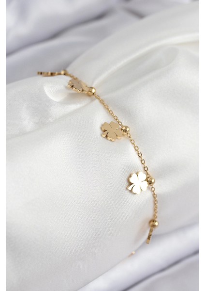 Bfs 316L Çelik Sıralı Yonca Model Gold Renk Kadın Bileklik